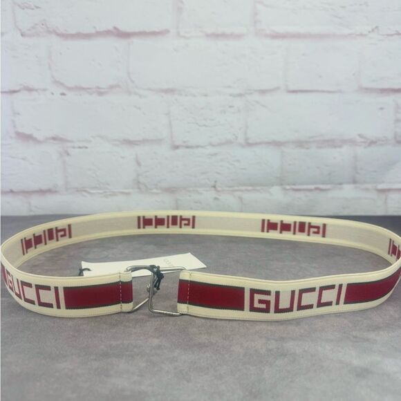 Gucci NWT Mens Logo Stripe Elastic Belt White Red Stretch Fabric 523344 105/42 - Picture 1 of 10